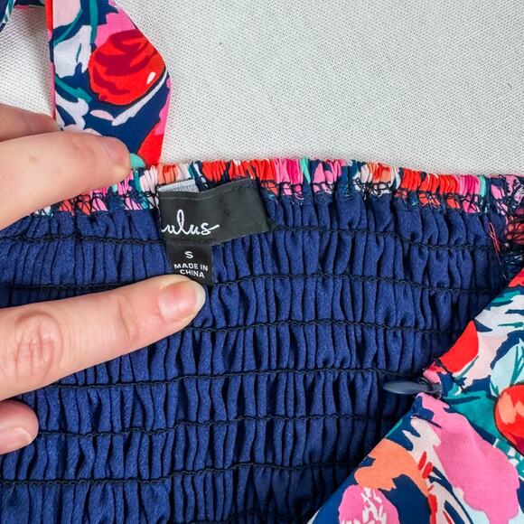 LULUS Chance of Blooms Navy Blue Multi Floral Print‎ Halter Mini Dress S - Picture 6 of 8